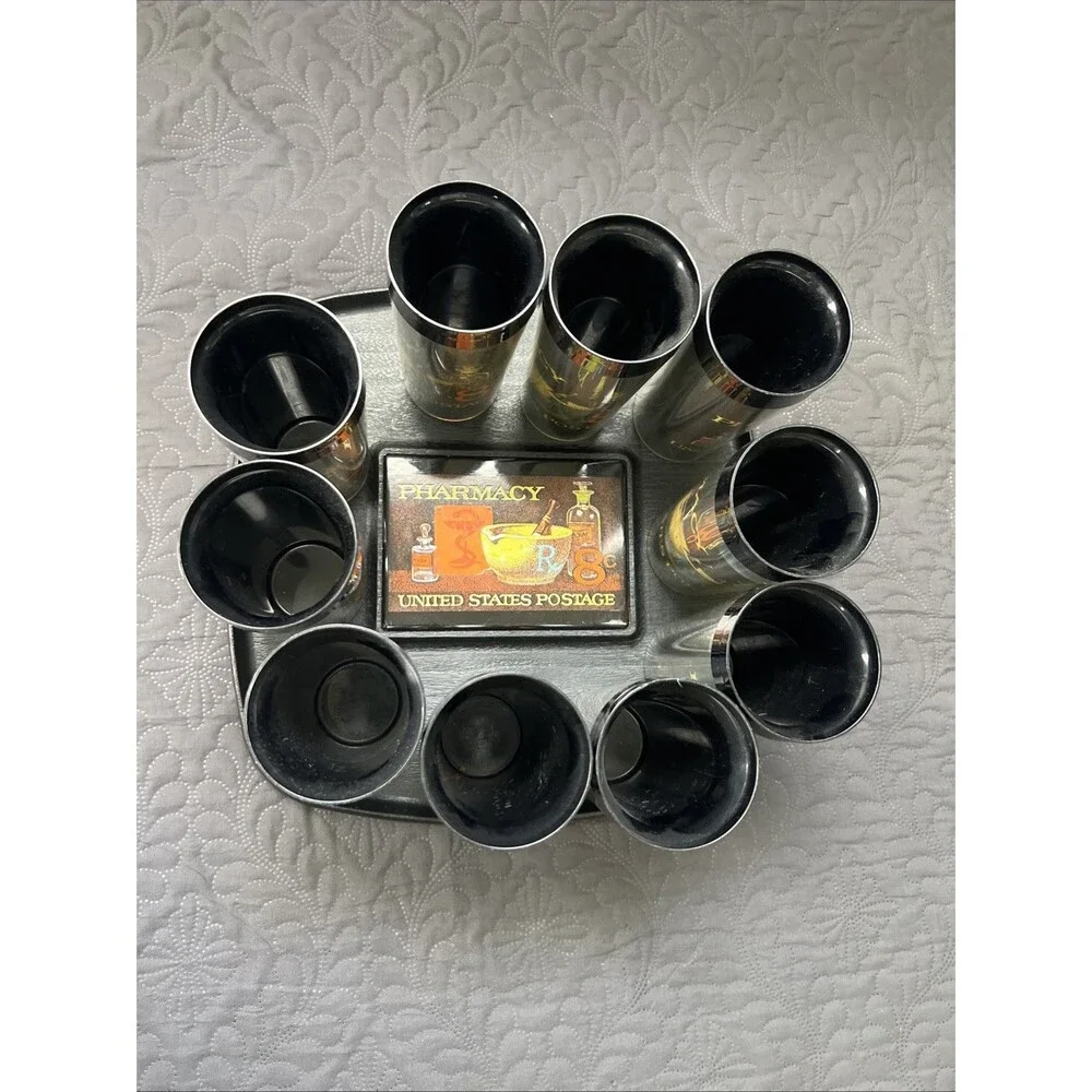 Vintage 70s Thermo Serv 23pc Pharmacy Postage Stamp Drinkware Set Collectible